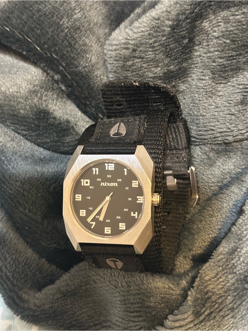 Nixon Black Dial Watch with Silver-Tone Case and Black Nylon Strap